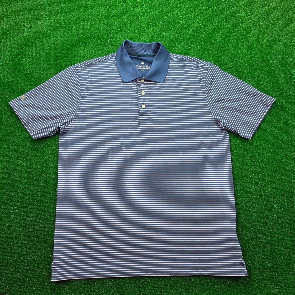 Brooks Brothers Performance Series Polo Shirt Mens Large Blue‎ Pink Striped Golf